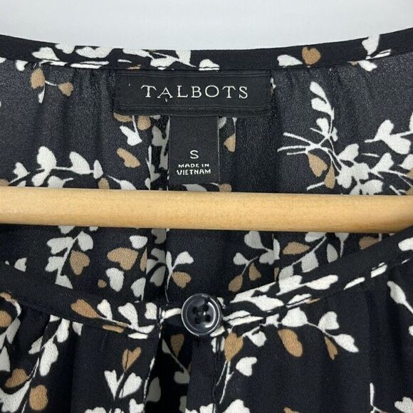 Talbots Top Size Small Black Brown Floral Chiffon Ruffle Bell Sleeve Blouse - Picture 4 of 7